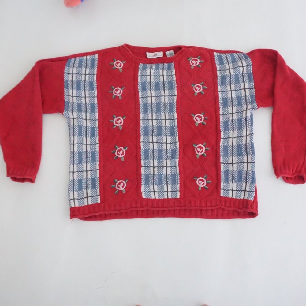 Vintage Crazy Horse Red Plaid Rose Embroidered Knit Sweater Patchwork Design S